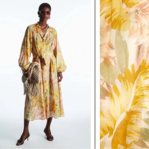 COS Floral Print V-Neck Midi Dress Yellow Sepia TENCEL Lyocell Size 8 US - Picture 1 of 9